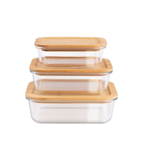 Multi-Size Borosilicate Glass Rectangular Lunch Box with Bamboo Lid - Set of 3