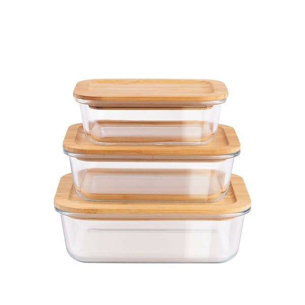 Multi-Size Borosilicate Glass Rectangular Lunch Box with Bamboo Lid - Set of 3