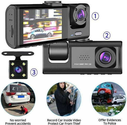Triple-Lens HD Dash Cam In-Car Hidden Triple-Camera System for Rideshare