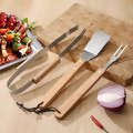 3-Piece Stainless Steel BBQ Fork, Spatula and Clips with Wooden Handle-cream