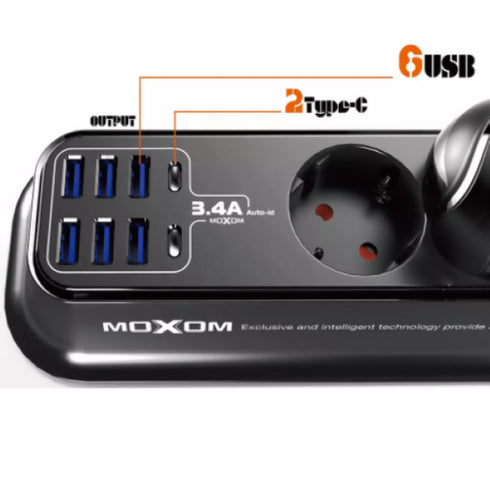 MOXOM Universal 12 Socket Outlet 2 Meter Extension Moxom Plug.