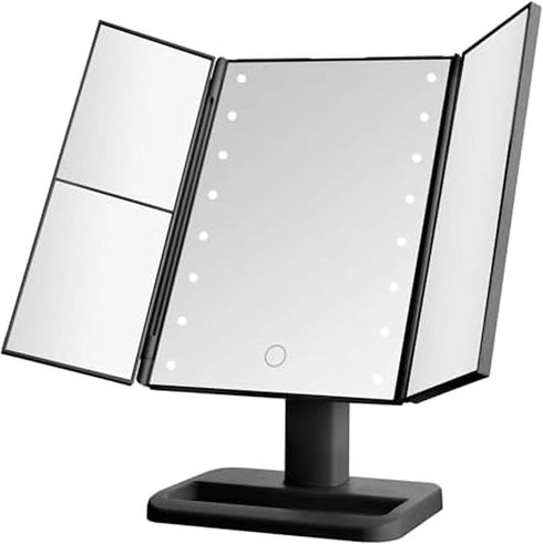 Elements Tri Fold LED Vanity Mirror, 3 Magnifications and Dimmable LED Lights, Black