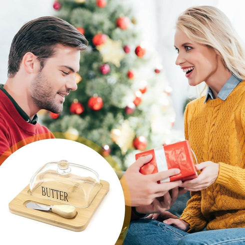 Transparent Glass Butter Storage Dish With Spread Knife