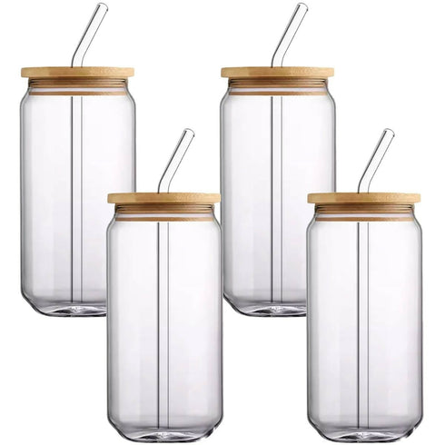 Drinking Glasses with Bamboo Lids and Glass Straw