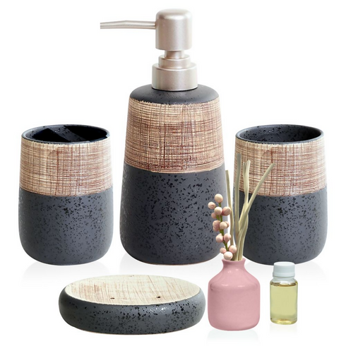 Set of 4 - Bathroom Soap Dispenser and Toothbrush Holder Accessories Set..