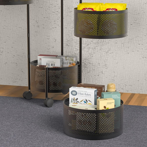 5 Tier Fruit Shelf Basket Storage Rack Rotating Wheels