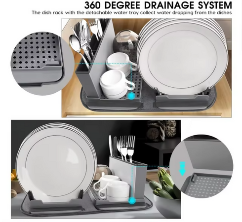 4-in-1 Dish Drying Rack Kitchen Folding Draining Dish Fork Storage Rack Drying Dish Sink Rack With Dish Mat