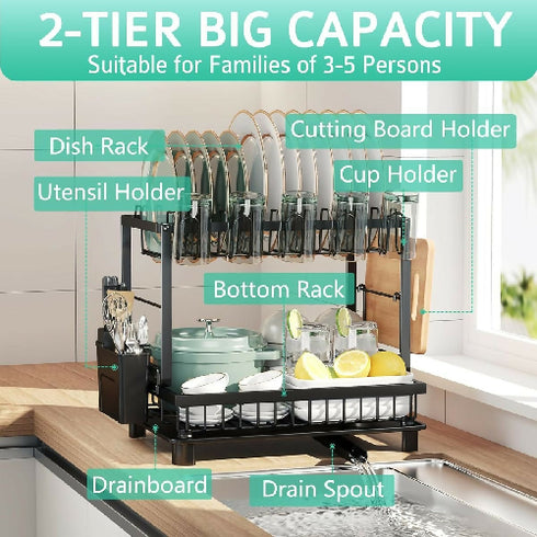 Dish Drainer 2 Tier Black with Drip Tray