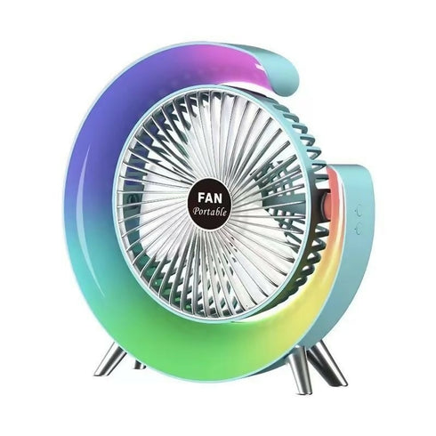 Desktop Rechargeable Rotatable Fan with Colorful Light - Blue