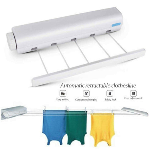 Wall-Mounted Retractable Laundry Clothesline Drying Rack - White