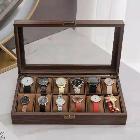 Leather Watch Box with 12 Glass Top Slots