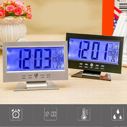 Sound Sensor Light Up LCD Digital Table Alarm Clock Calendar Temperature Display