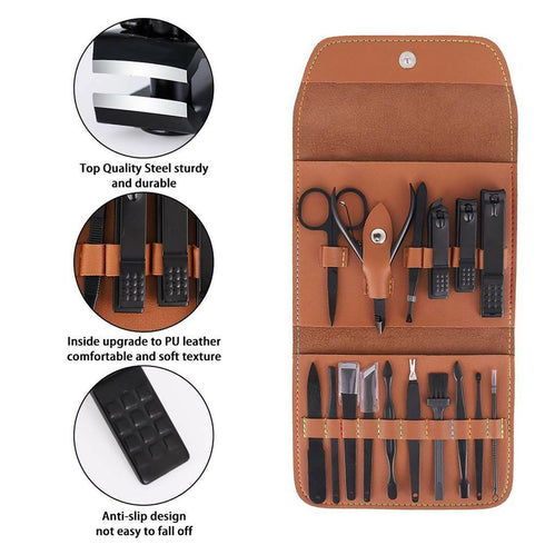 16 in 1 Stainless Steel Nail Tools Kit Set - Brown