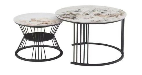 Round Coffee Tables, Removable Set of 2 End Table, Nesting Tables with Gold Metal Frame Legs and Marble Pattern Top