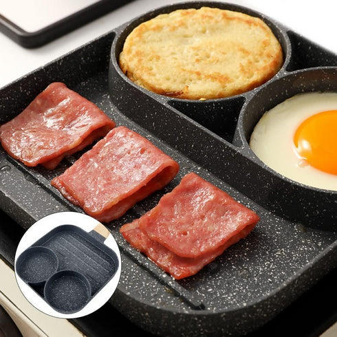 Aluminium Non-Stick Grill 3 Division Frying Pan Grey Wooden Handle