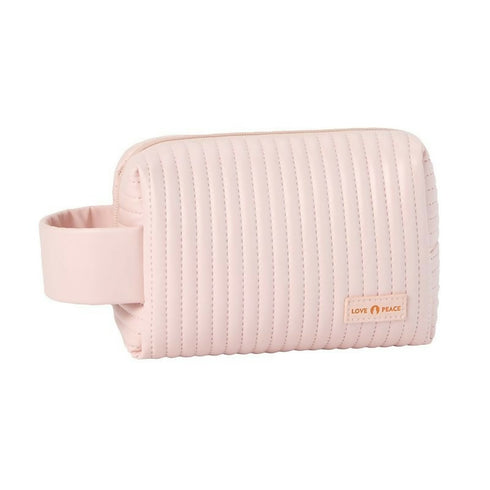 Striped Puffy PU Leather Cosmetic Bag Macaroon Colour Travel Cosmetic Pouch - Pink