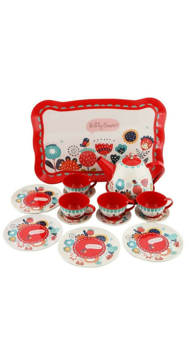 Tea Set - 15 Piece Metal Play Tea Set -red