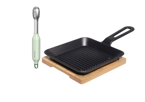 Square Cast Iron Sear and Serve Skillet and Wooden Serving Board with ecoco Food Tongs