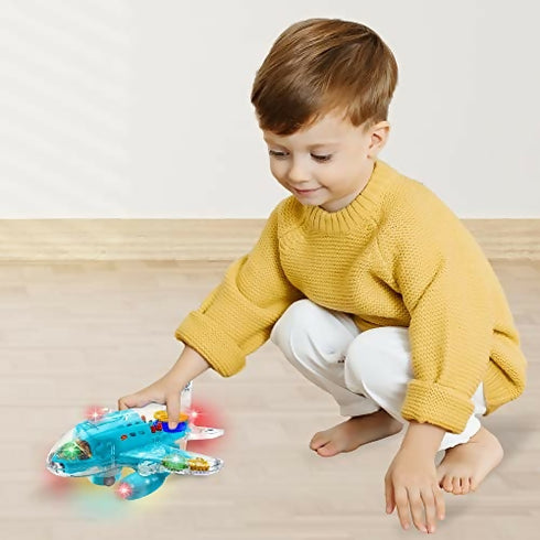 Fun Bump-and-Go Plane Toy for Kids 3-5 with Colorful Moving Gears, Music, and LED Effects -