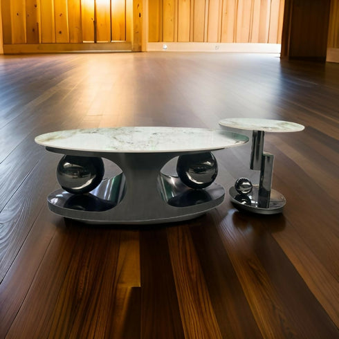 Oval Marble Top Coffee Table with 2 Ball Base Design And Side Table