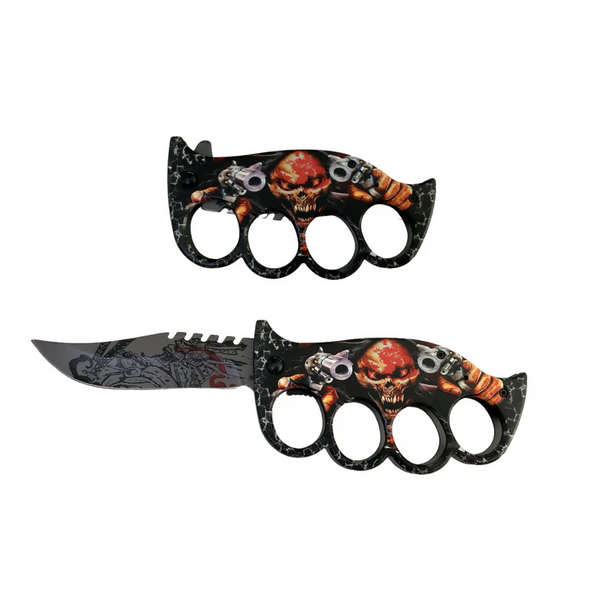 Folding Knife with Knuckle Guard Handle, Black, Skull Design, 19 cm