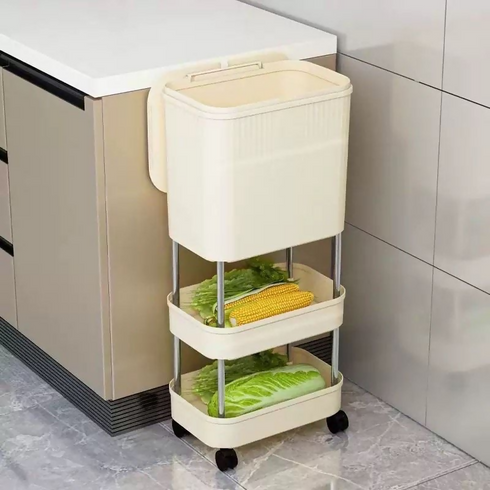 Kitchen Three-Layer Mobile Trash Can - Clean White