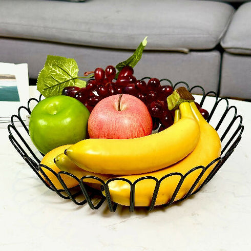 Fruit Bowl Basket Round Shape Metal Black Wire Storage Basket With Wooden Base for Fruit Vegetable