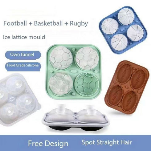 Basketball Rugby Reusable 4 Ice Cube Trays with Lid Molds