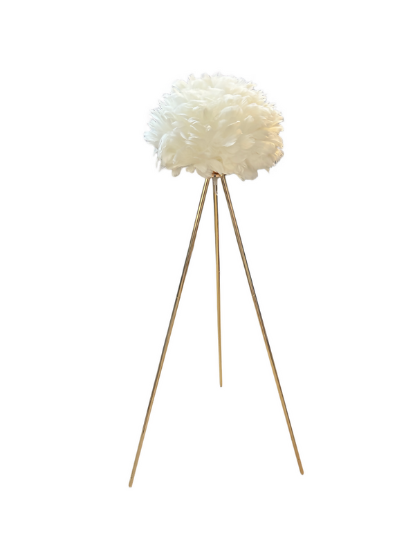 A Decorative Floor Lamp With A Gold Frame And A White Feather Lampshade.
