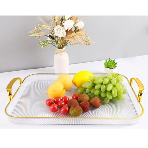 Clear Food Serving Tray with Gold Handles Set of 3 and Serving Tray