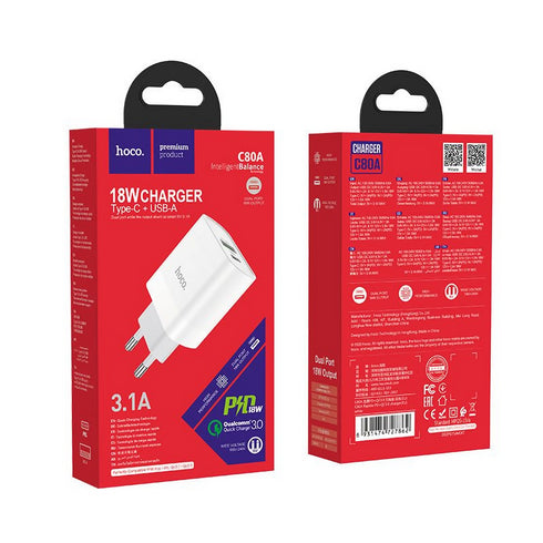 20W USB-C Fast Travel Charger with Dual USB-C & USB-A Ports - C80A