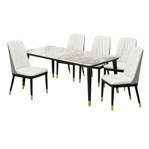 Marble Dining Table Set with 4 White Chairs