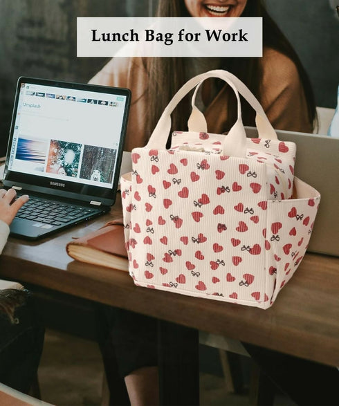 Corduroy Lunch Tote Bag with Side Pockets - Bow Strawberry - big