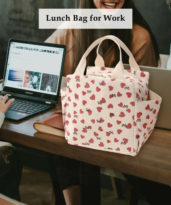 Corduroy Lunch Tote Bag with Side Pockets - Bow Strawberry - big