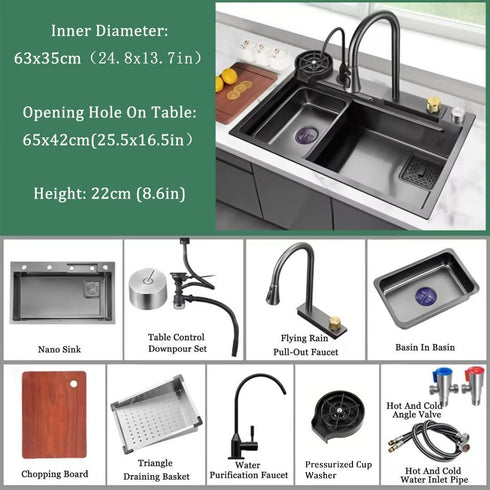 Modern Single-slot 304 Stainless Steel Waterfall Faucets Multifunction Smart Kitchen Sink