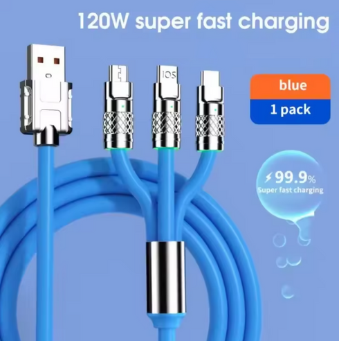 3 In 1 Data Cable Fast Charging 6A Type C Micro USB Compatible With IPhone - Blue