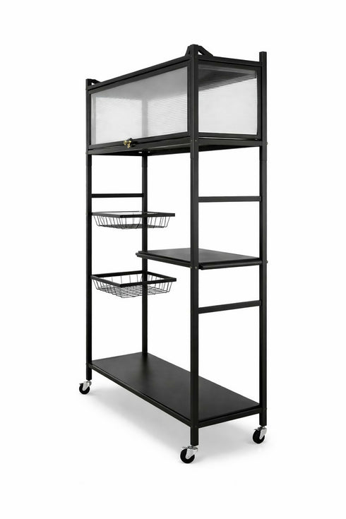 Kitchen Storage Rack with Sliding Door - Black Metal, on Wheels
