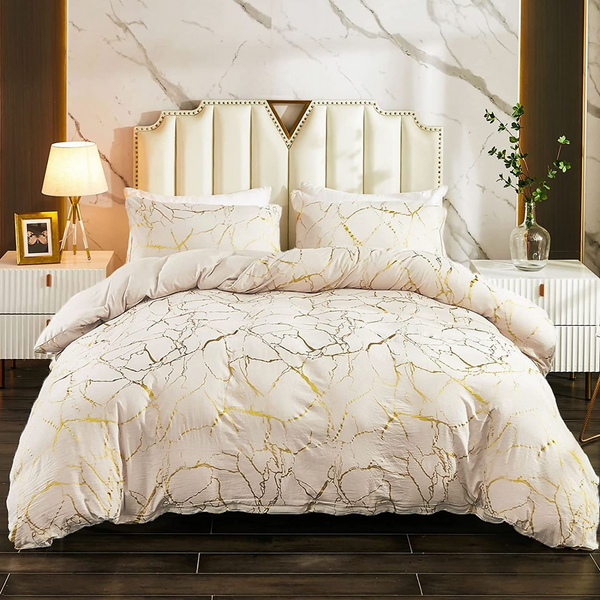 Gold Metallic Marble Comforter - Beige/Gold - King - 5-Piece