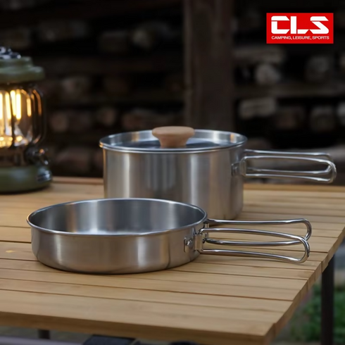 2Pcs Camping picnic Pan Pot Stainless Steel Cookware Set