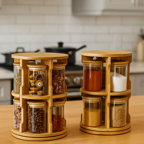360° Rotating Bamboo Tabletop Spice Rack With 10 Jars for Kitchen