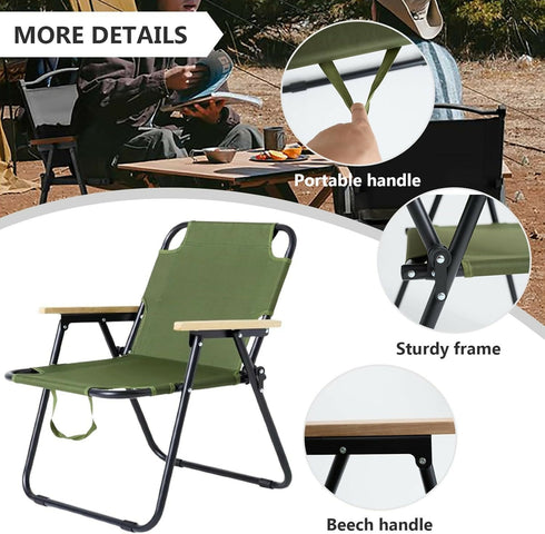 Folding Camping Chair with Handle, Wooden Armrests