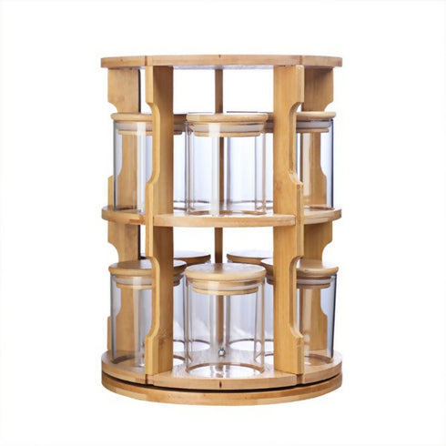 360° Rotating Bamboo Tabletop Spice Rack With 10 Jars for Kitchen