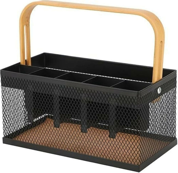 Cutlery Organizer Basket with Bamboo Handle - black