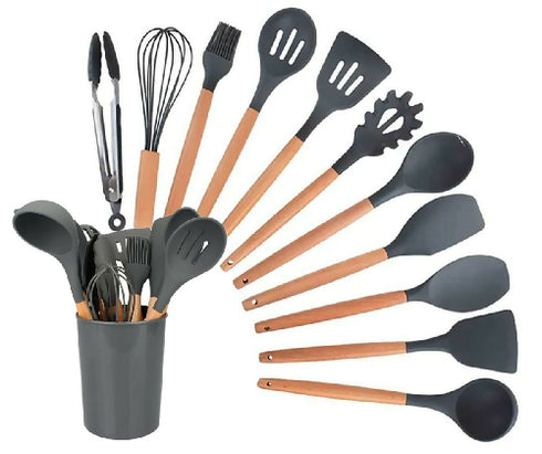 Silicone Kitchen Utensil Set with Wooden Handle
