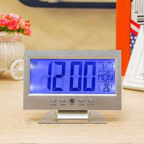 Sound Sensor Light Up LCD Digital Table Alarm Clock Calendar Temperature Display