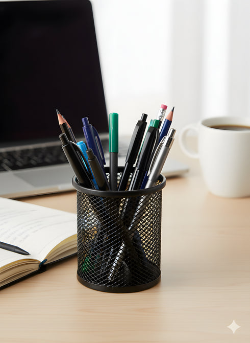 Small Black Round Metal Mesh Pen & Stationary Holder for Desk Organizing