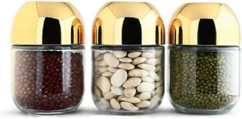 Round Glass Kitchen Food Grade Gold Plated Plastic Lid Airtight Sealed Glass Storage Jar