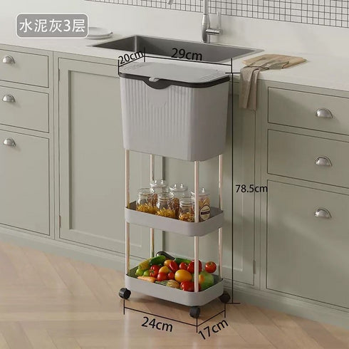 Kitchen Three-Layer Mobile Trash Can - Grey