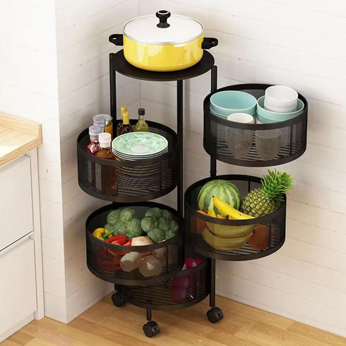 5 Tier Fruit Shelf Basket Storage Rack Rotating Wheels