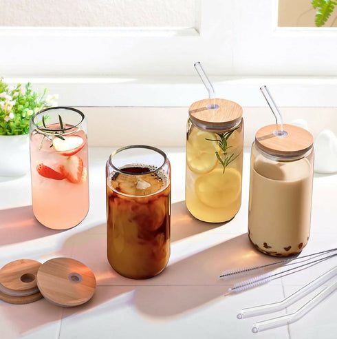 Drinking Glasses with Bamboo Lids and Glass Straw